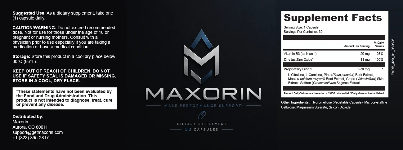 Full Maxorin bottle label with suggested use, warnings, distributor and Supplement Facts