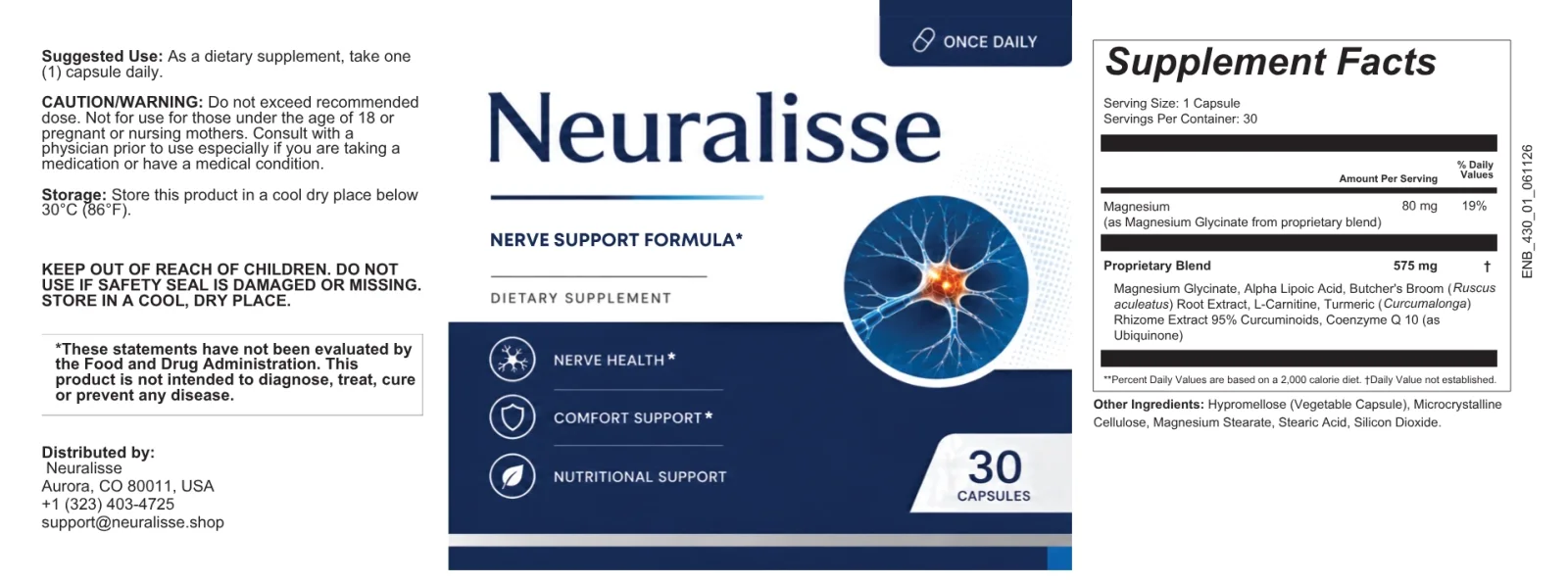 Full Neuralisse bottle label with suggested use, warnings, distributor and Supplement Facts