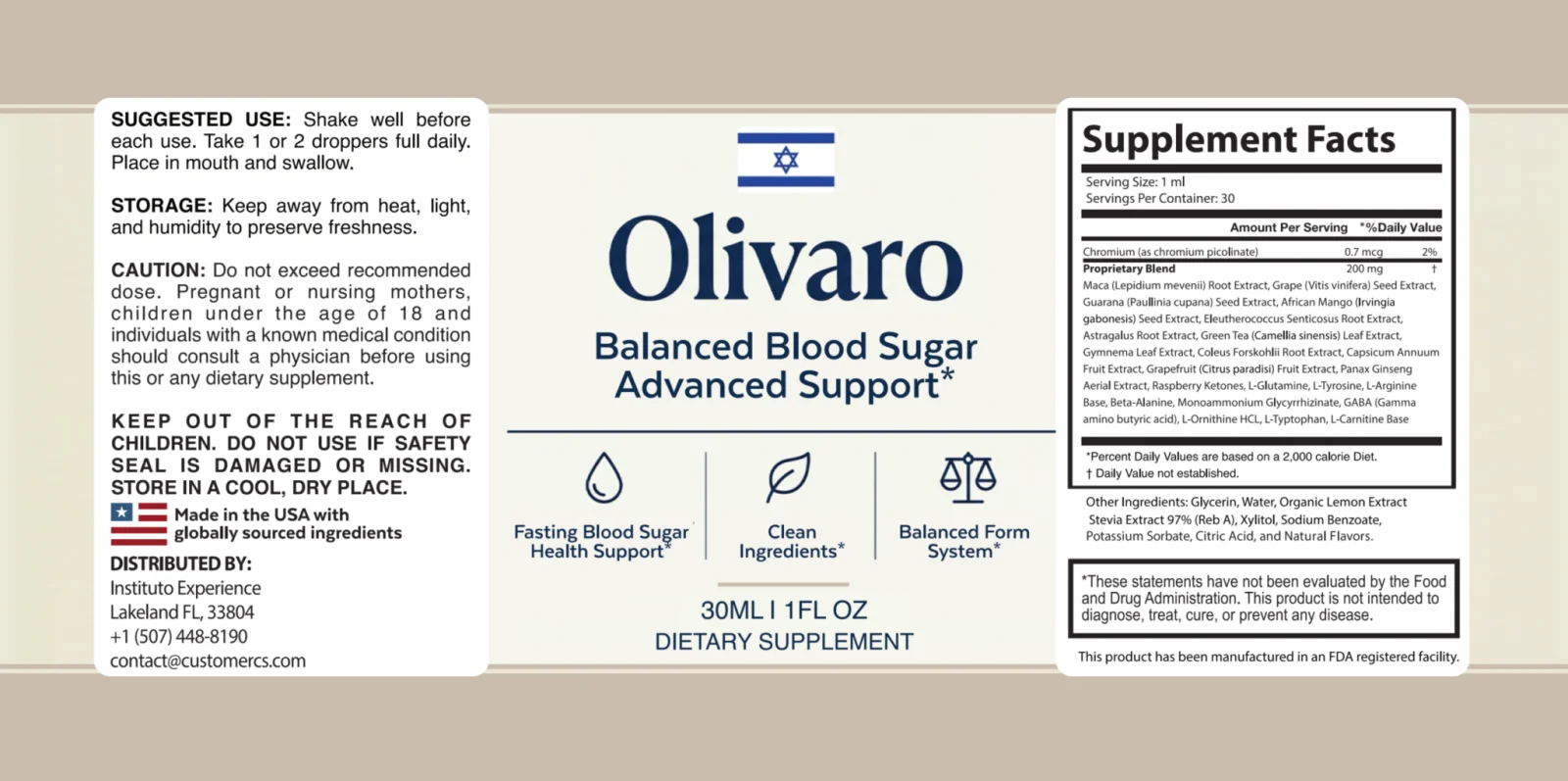 Full Olivaro bottle label with suggested use, caution, front panel and Supplement Facts