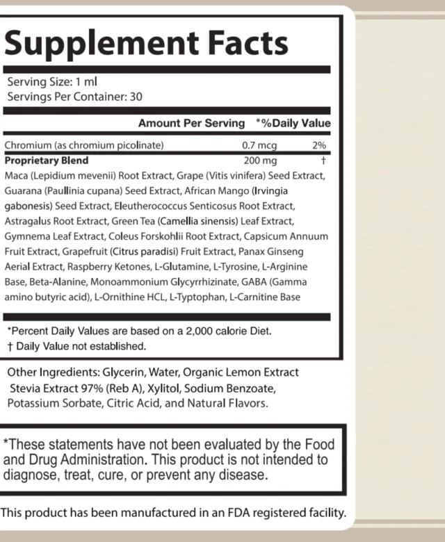 Olivaro Supplement Facts panel showing 1 ml serving, 0.7 mcg chromium and 200 mg proprietary blend